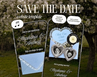 Hochzeitswebsite-Vorlage „Save the Date“ in Staubblau | Animierte Einladung mit Blumenmuster | Sofortiger Zugriff