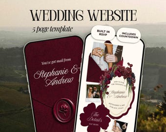 Burgunder Hochzeit Website Template Canva | Altes Geld Digitale Einladung mit eingebauter Antwortkarte | Sofortiger Zugriff