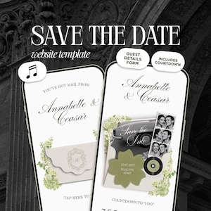 May include: A digital wedding website template displayed on two smartphone screens. The interface features elegant serif typography, floral illustrations, a photo strip of a couple, a vintage car image, and interactive elements like a guest form and countdown.