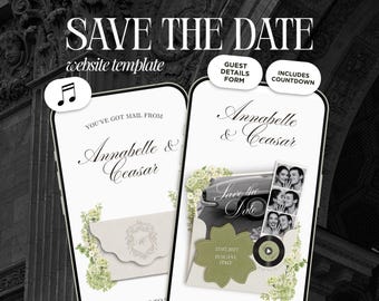 Hochzeitswebsite-Vorlage „Save the Date“ in Elfenbein & Salbeigrün | Elegante animierte Einladung mit Musik