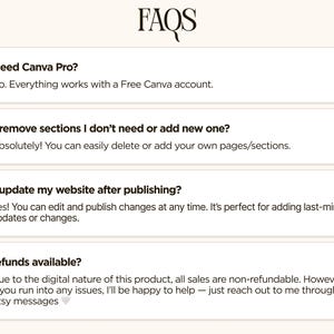 May include: A cream-colored graphic with the title "FAQs" in a script font. The graphic contains four questions and answers about a digital product, including Canva Pro, website updates, and refunds. The answers are in a simple, easy-to-read format.