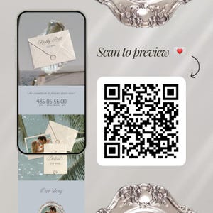 May include: A smartphone screen displays a wedding invitation design with the text "Kindly RSVP" and a countdown timer. A QR code and the words "Scan to preview" are also visible.