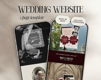 Altes Geld Hochzeit Website Template Canva | Burgunderfarbene digitale Einladung mit integrierter Antwortkarte | Sofortiger Zugriff