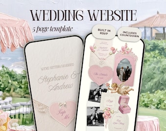Pinkfarbene Hochzeitswebsite-Vorlage von Canva | Digitale Einladung mit integrierter Antwortfunktion | Sofortiger Zugriff