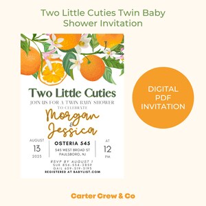 Two Little Cuties Twin Baby Shower PDF Invitation - Citrus, Oranges, Cuties, Twin - FULLY CUSTOMIZABLE