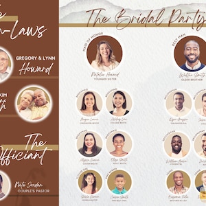 May include: A wedding invitation design with a brown background and gold accents. The design features a photo collage of the bride and groom's family and wedding party. The text "The In-Laws", "The Bridal Party", and "The Officiant" are included in the design.