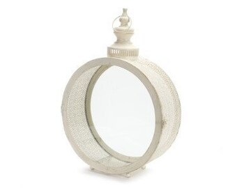 Scrolled Open Style White Round Metal & Glass Lantern