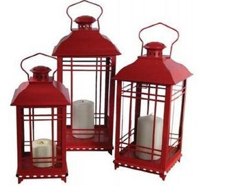 Red Mission Style Metal and Glass Decorative Lanterns (set of 3)