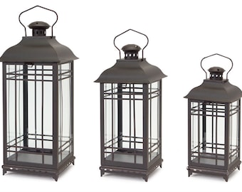 Black Mission Style Metal and Glass Decorative Lanterns (set of 3)