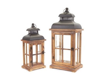 Vintage Look Wood and Black Metal Decorative Lantern with Glass (set of 2)