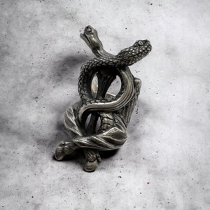 May include: A silver ring featuring a detailed snake design with two heads intertwined. The ring is made of metal and has a textured finish.