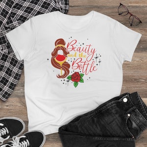 Beauty And the Bottle | Beauty and the Beast Inspired Drinking Shirt - Epcot Food and Wine Festival Women&#39;s Midweight Cotton Tee