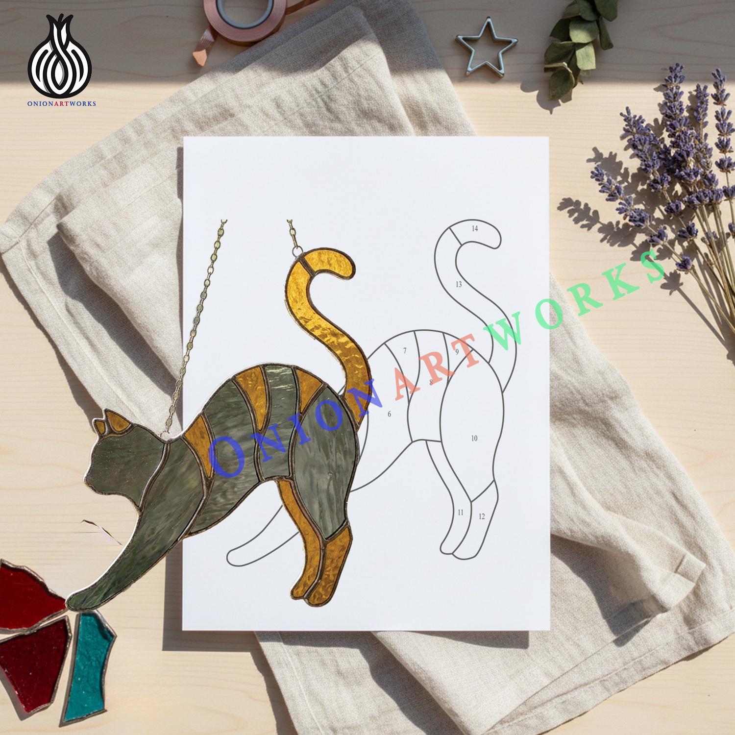 Jumping Cat Stained Glass Pattern | Cute Kitty Suncatcher Template ...