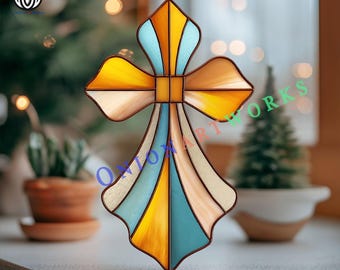 Elegantes Band Kreuz Glasmalerei-Muster | Christian Suncatcher Vorlage | Einfache Glaskunst SVG PDF | Spirituelles Wohn Dekor