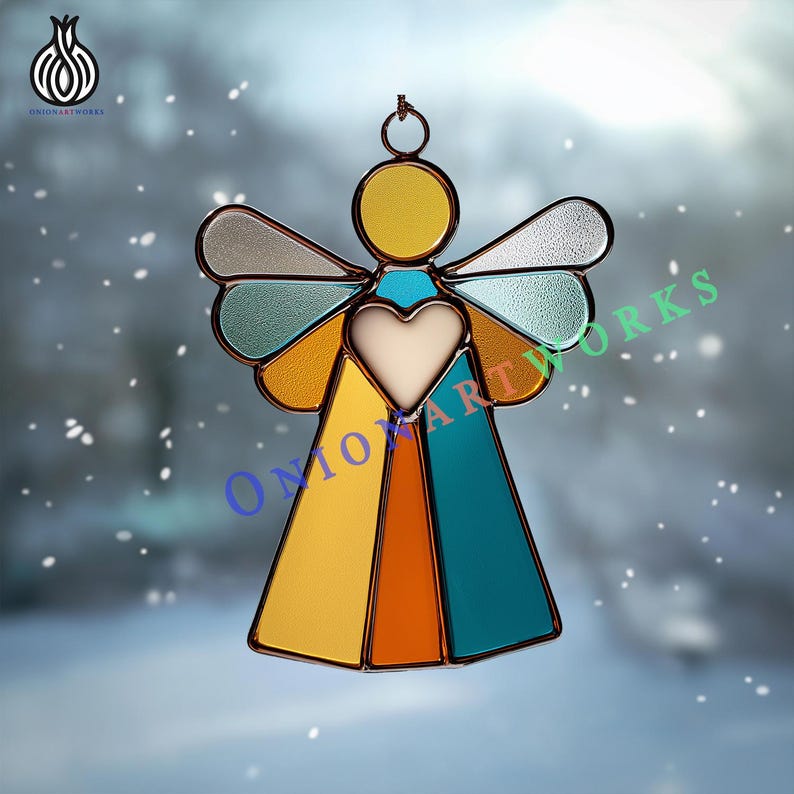 Colorful Angel With Heart Stained Glass Pattern | Spiritual Suncatcher ...