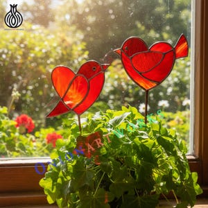 Liebe Vögel Glasmalerei-Muster | Vogel Herz Gartenstecker | Kardinal Suncatcher Vorlage | Valentinstag Dekoration (PDF SVG PNG)