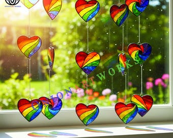 Rainbow Heart Stained Glass Pattern | Triple Heart Window Hanging