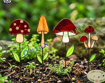 Mushroom Plant Stakes Stained Glass Pattern | Red Toadstool Garden Decor |  Diy Indoor & Outdoor Plant Art (PDF SVG PNG)