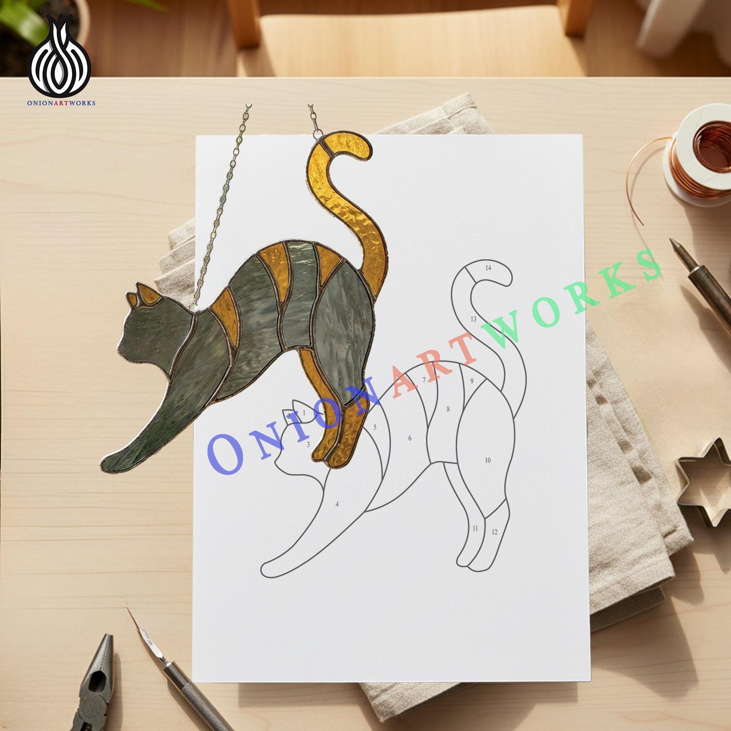 Jumping Cat Stained Glass Pattern | Cute Kitty Suncatcher Template ...