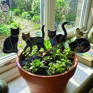 May include: Four stained glass cat silhouettes on metal stakes inserted into a terracotta pot filled with green succulents. The cats feature iridescent, dark, and reflective glass panels with soldered metal seams, displaying various poses.