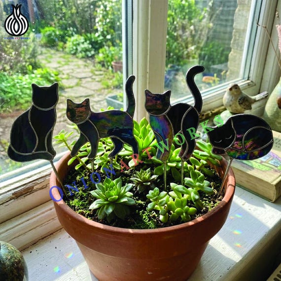 Black Cat Stained Glass Pattern Bundle | Halloween Plant Stake Template  | Cat Suncatcher Glass Art (PDF SVG PNG)