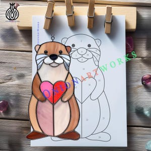 May include: A stained glass otter holding a heart. The otter is brown, white, and tan with a red and pink heart. The image is clipped to a wooden board with wooden pegs. A line drawing of an otter is behind the stained glass.