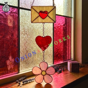 Envelope Heart & Flower Stained Glass Suncatcher Pattern | Valentine Hanging Glass Chain | Love Romantic Glass Art | PDF SVG Download