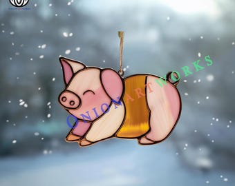 Modello di vetrata con simpatico maialino / Modello di acchiappasole con animali da fattoria / Decorazione per finestre in stile rustico / Download PDF SVG