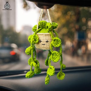 Crochet Car Mirror Charm – Amigurumi Potted Plant with 4 Emotions, Cute Rearview Mirror Hanging Accessory, Handmade Home Decor Gift