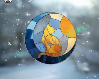 Patrón de vitral de gato en la luna / Plantilla de atrapasol de gatito lindo / Diseño moderno de arte de vidrio para mascotas / Descarga PDF SVG