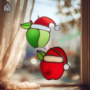 Set of 2 Apple Stained Glass Patterns with Santa Hat | Christmas Ornament Suncatcher Template | Cute Holiday Fruit Glass Art Design PDF SVG