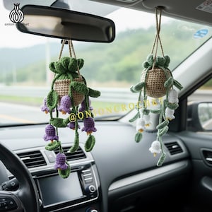 Crochet Lily of the Valley Car Charm, Handmade Flower Car Accessory, Boho Rearview Mirror Decor, Cute Gift for Her