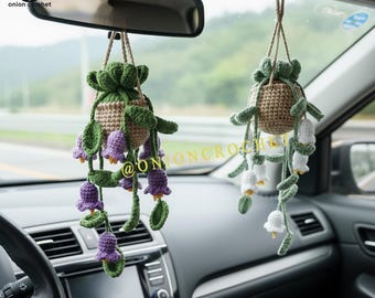 Crochet Lily of the Valley Car Charm, Handmade Flower Car Accessory, Boho Rearview Mirror Decor, Cute Gift for Her