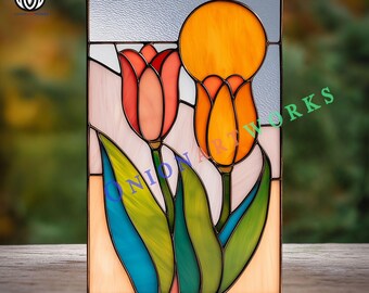 Tulip Stained Glass Panel Pattern | Rectangular Floral Window Hanging | Spring Flower Glass Art SVG PDF | Botanical Decor
