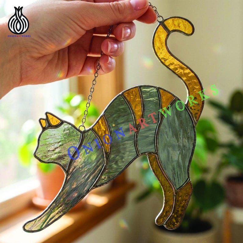 Jumping Cat Stained Glass Pattern | Cute Kitty Suncatcher Template ...