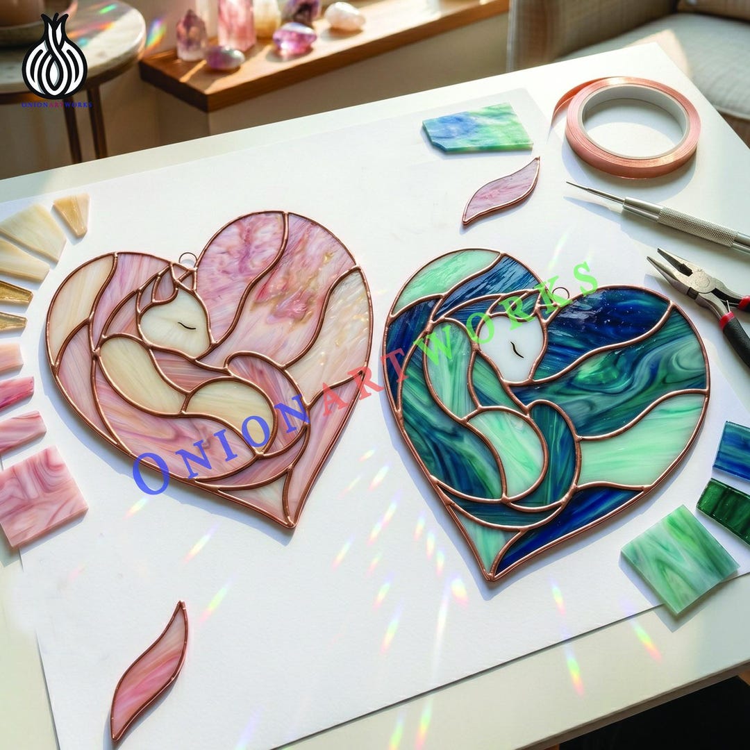 Sleeping Cat Heart Stained Glass Pattern | Kitty Suncatcher Template ...