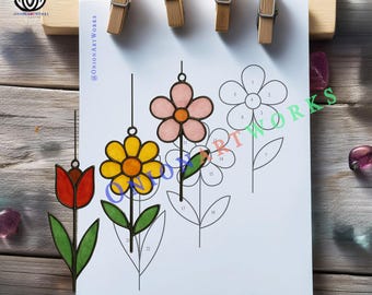 Tulip & Daisy Stained Glass Pattern Set | Simple Wildflower Suncatcher Template | Beginner Glass Art SVG PDF | Botanical Window Hanging