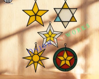 Printable Star Stained Glass Pattern Set, Easy Christmas Star Suncatcher Template for Beginner, Holiday Ornament Window Hanging Design PDF