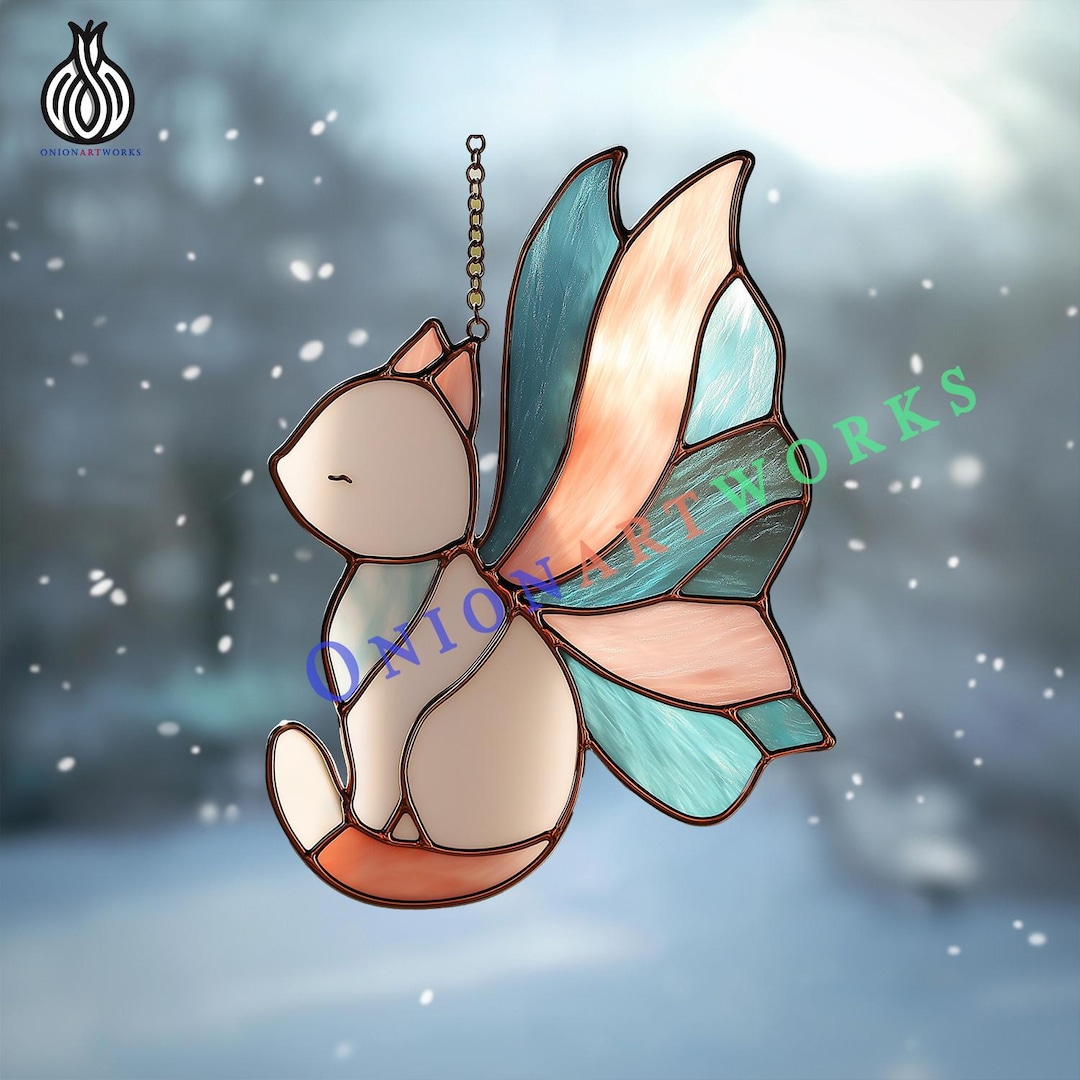 Butterfly Wing Cat Stained Glass Pattern | Fantasy Kitty Suncatcher ...