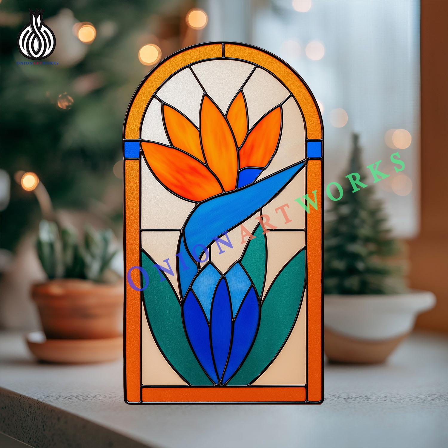 Bird of Paradise Stained Glass Pattern | Tropical Flower Arch Panel ...