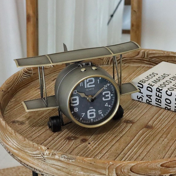 Airplane Metal Tabletop Clock Industrial Home Decor Accents for The Mantel, Shelf, Desk, or Any Table Top,  No Battery Supplied