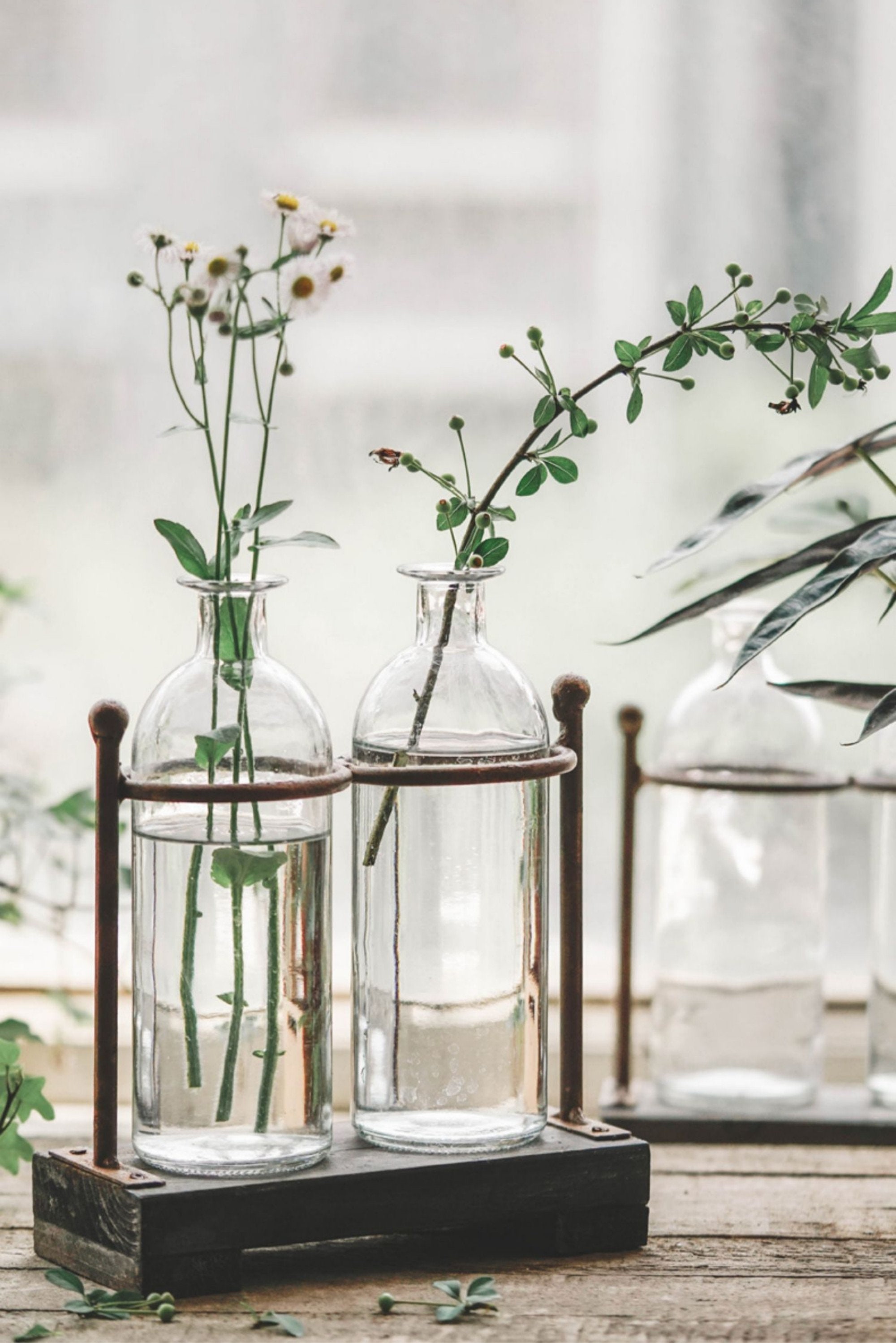 Rustic Flower Vase Set With Rack Stand Farmhouse Glass Bottles Etsy
