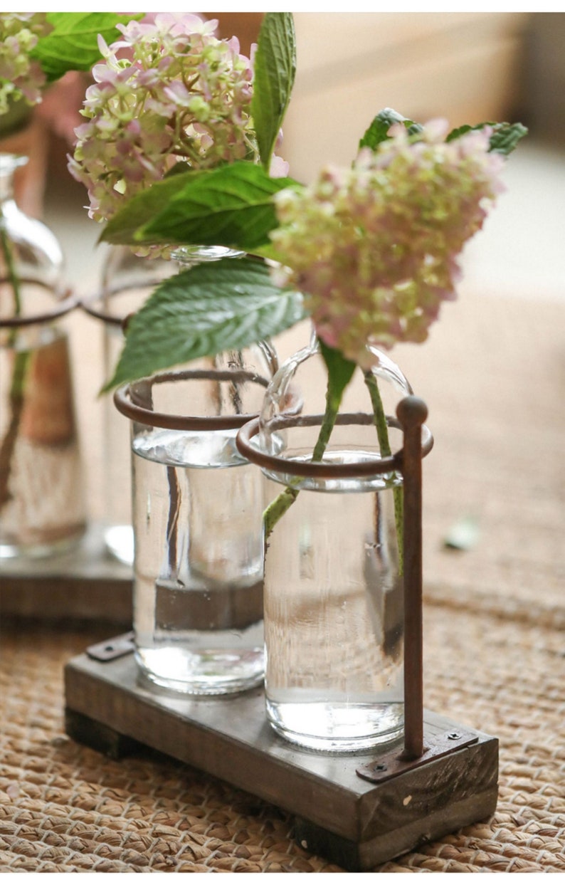 Rustic Flower Vase Set With Rack Stand Farmhouse Glass Bottles Etsy
