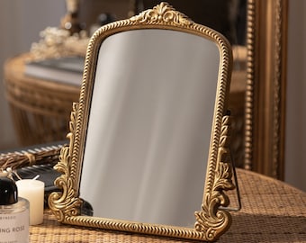 Miroir de bureau de maquillage pour coiffeuse, miroir de table ancien traditionnel chic en arc de cercle doré, petit miroir Arendahl sculpté debout avec cadre en bois