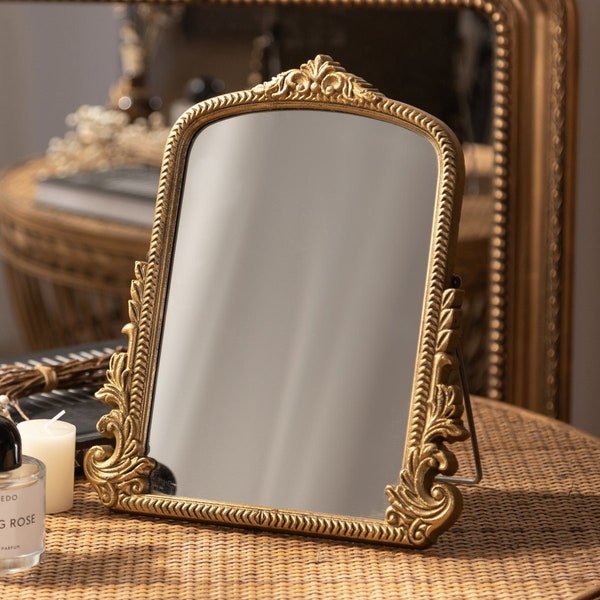 Miroir de bureau de maquillage pour coiffeuse, miroir de table ancien traditionnel chic en arc de cercle doré, petit miroir Arendahl sculpté debout avec cadre en bois