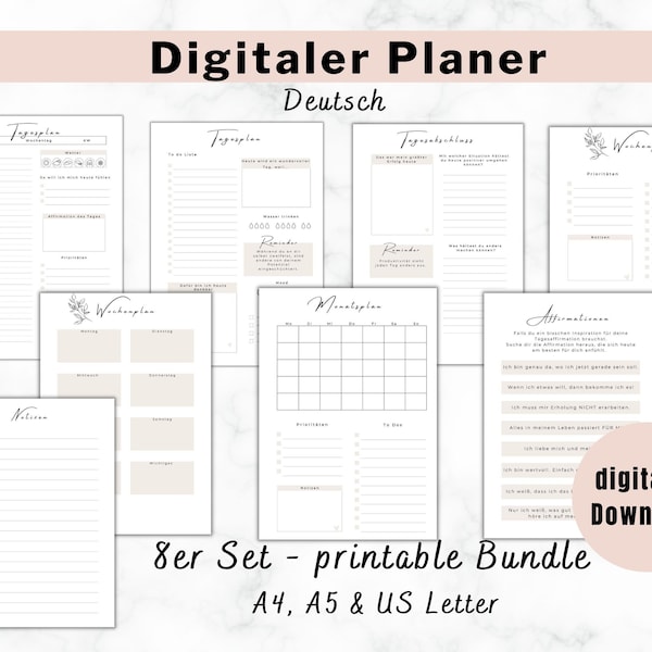 Minimalist digital planner German for iPad undated, daily planner, weekly planner, monthly planner, productivity planner