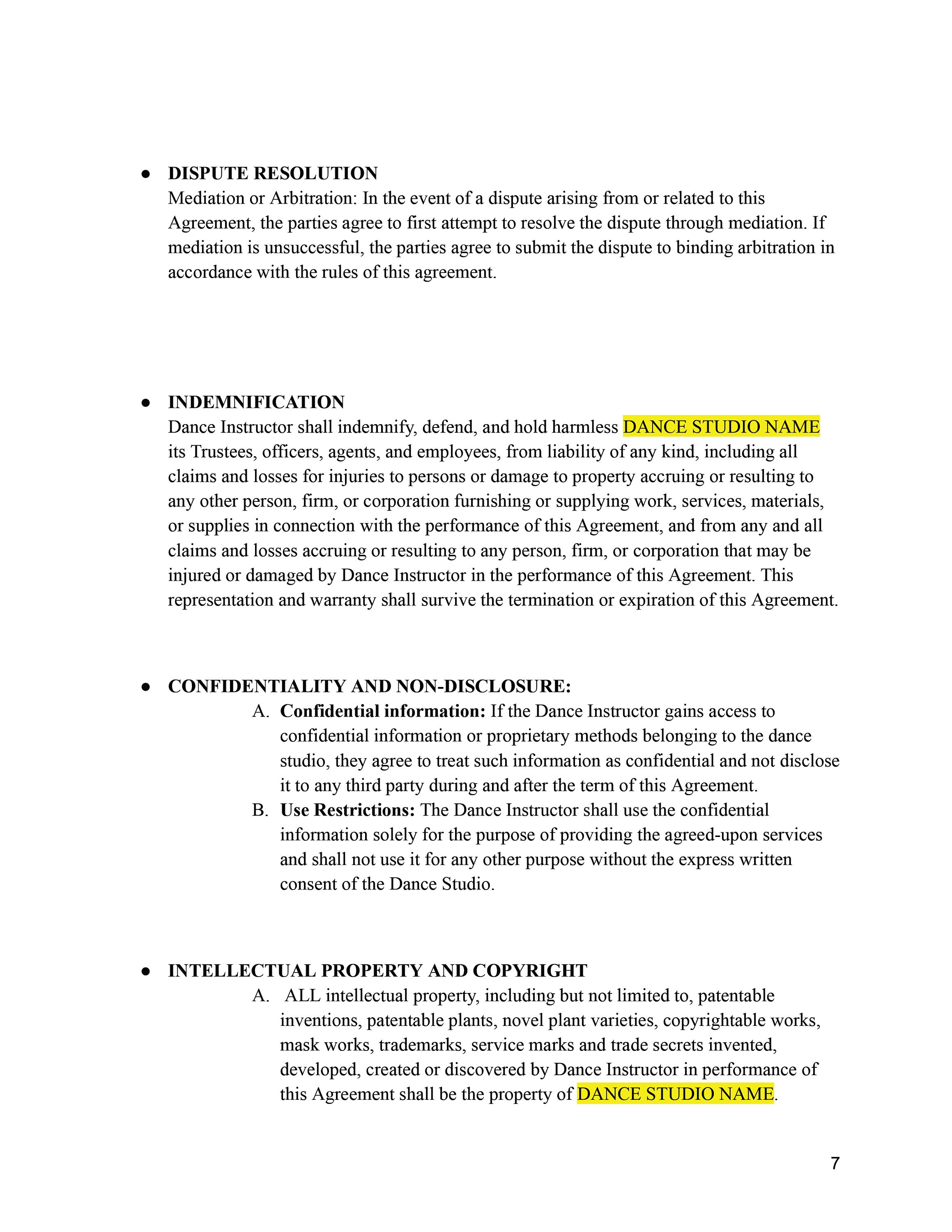 Comprehensive Dance Teacher Instructor Contract Agreement Template Comprehensive Dance Teacher Instructor Contract Agreement Template