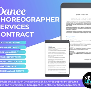 May include: A blue and purple gradient background with the text "Dance Choreographer Services Contract" in white. Below the text are eight blue buttons with white text outlining the key clauses of a choreographer contract. A tablet and a smartphone are shown displaying a sample contract with the text "Choreographer Contract of Services" and "Scope of Work". The bottom of the image has a logo with the text "Next Level Dance Resources".