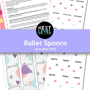 Puede incluir: PDF imprimible de un juego de cartas con temática de ballet llamado "Ballet Spoons". El juego incluye 12 cartas con patrones geométricos en rosa, azul y morado. Las cartas están dispuestas en una cuadrícula de 3x4. También hay 3 cartas con las palabras "BATTU", "TENDU" y "FONDU" en texto negro sobre fondo blanco.