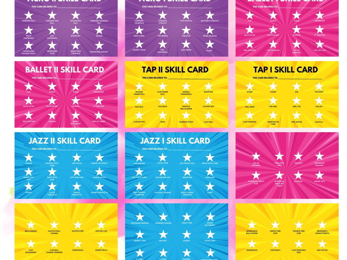 Dance Class Skill Cards: Ballet, Tap, Jazz, Acro (canva Template ...